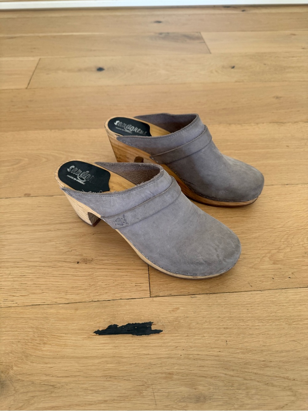 Suede Gray Slip-On Clog Mules with Wood Heel